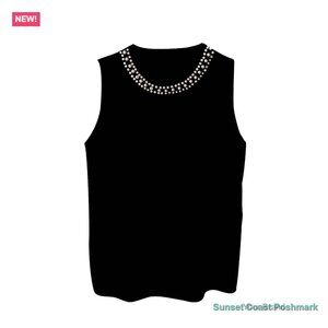 Pearl Beaded Sweater Vest Sleeveless Crewneck Knit Tank Top